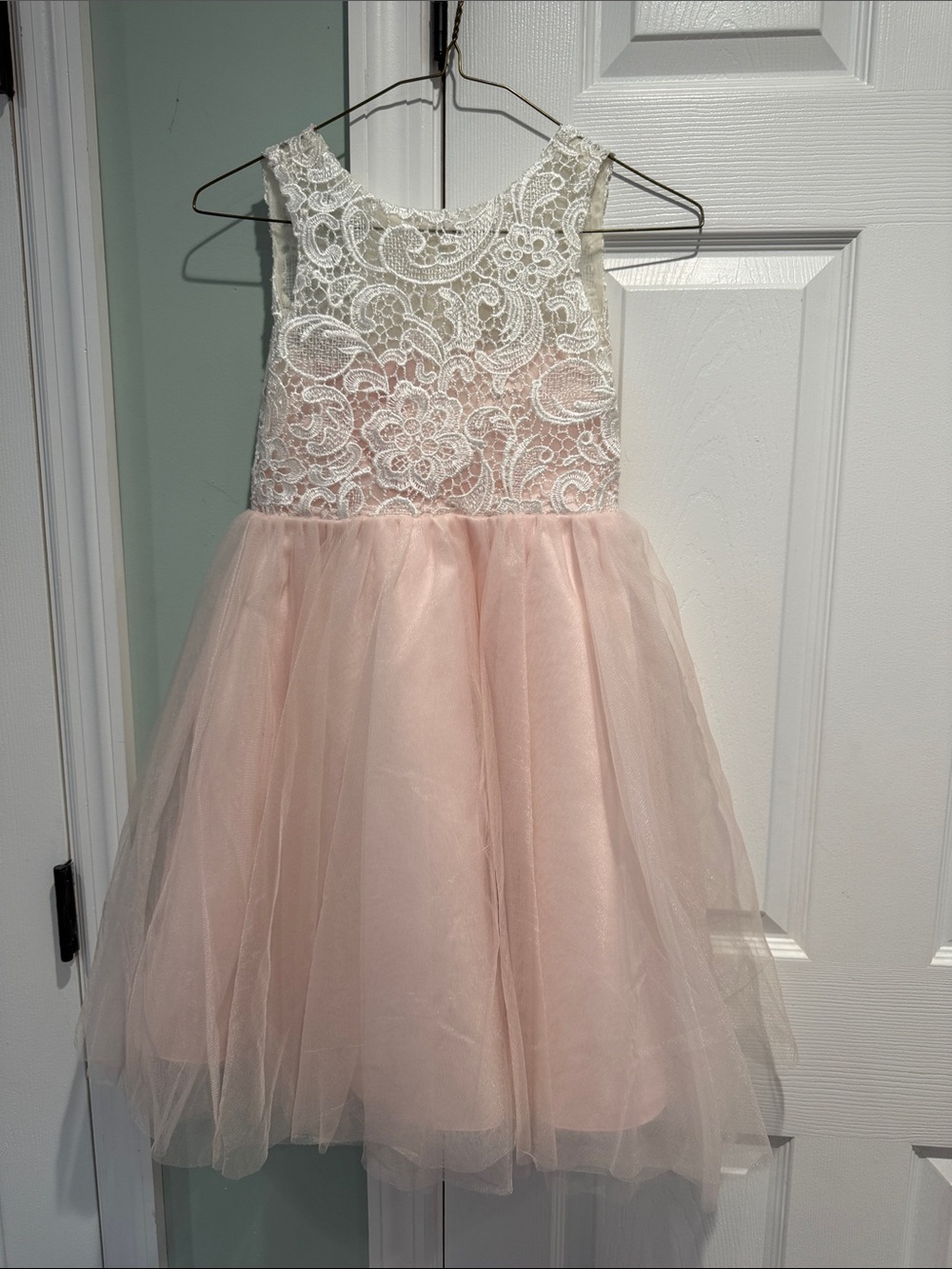 Girls Ivory Lace and Blush Tulle Formal Dress
